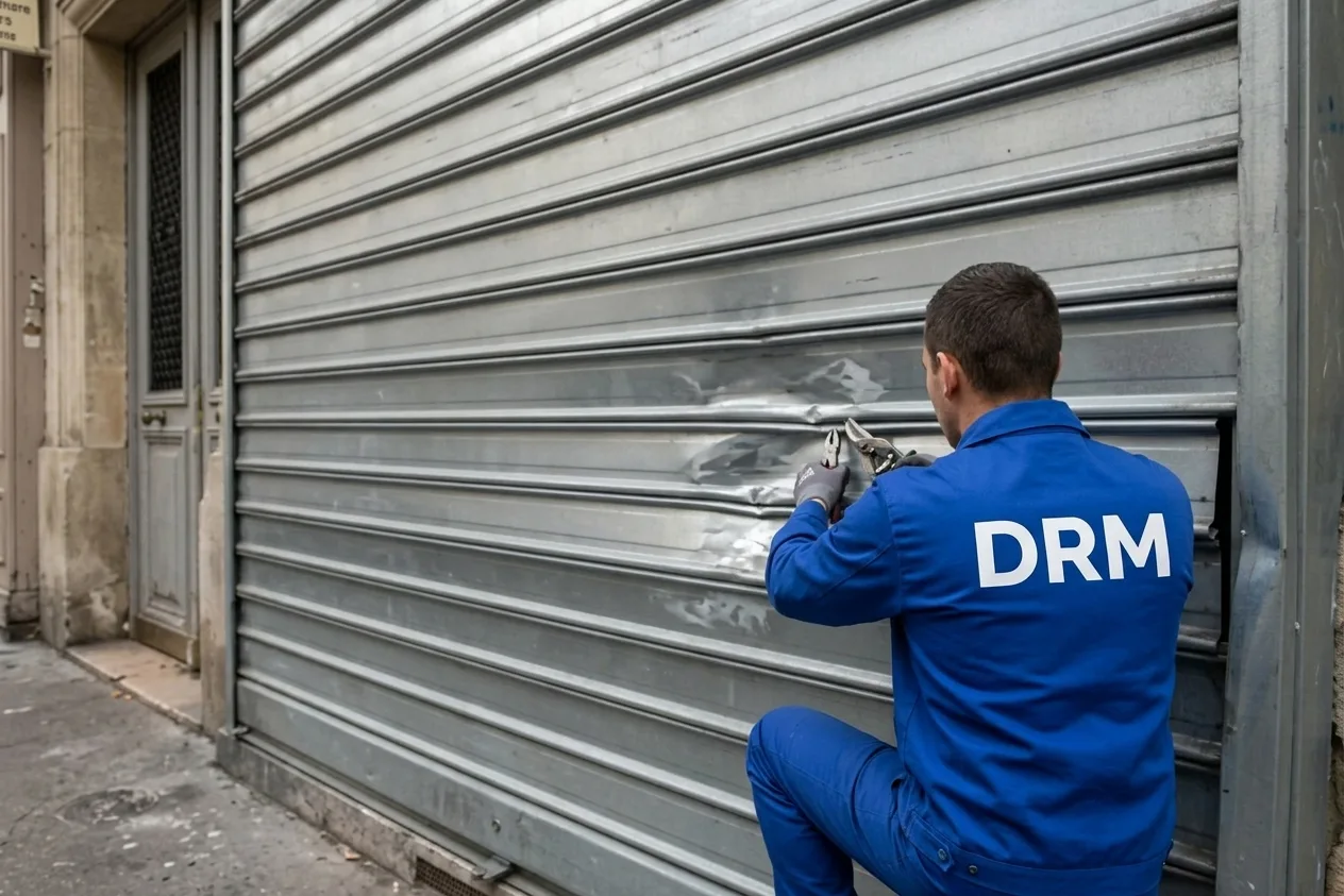 Lames remplacées après un choc — Rideau métallique à Issy-les-Moulineaux Lames remplacées après un choc — Rideau métallique à Issy-les-Moulineaux